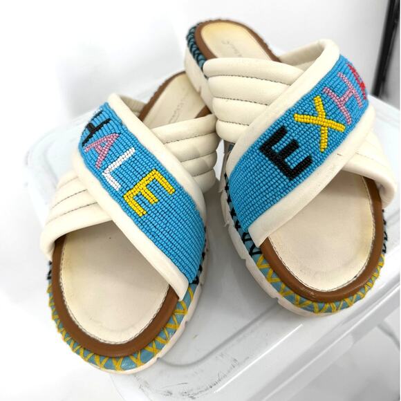 Rue De La Lune Slide Sandal Exhale Beaded Puff Padded Crossover Strap - Picture 1 of 7